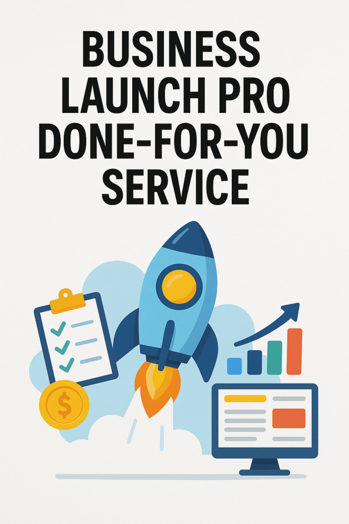 Colorful flat design showing a rocket launching surrounded by a checklist, a dollar coin, a bar chart with an upward arrow, and a computer screen. The title reads "Business Launch Pro Done-For-You Service.